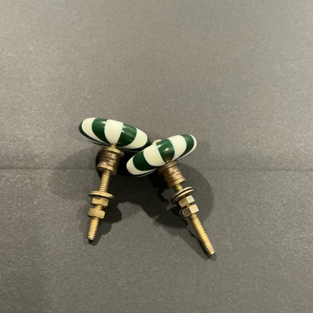Vintage Green & White Striped Ceramic Drawer Knobs Cabinet Hardware Set of 2 - Picture 2 of 3